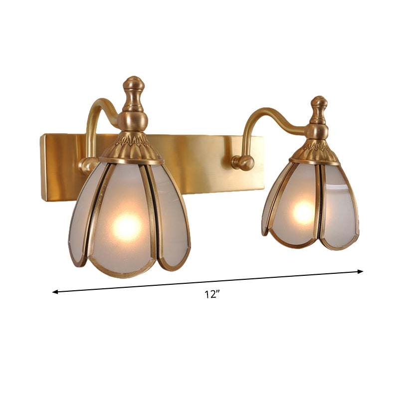 Brass Flower Shape Wall Lighting Rural Frosted White Opal Glass 1/2/3 Lights Bathroom Vanity Sconce Clearhalo 'Vanity Lights' 'Wall Lights' Lighting' 285488