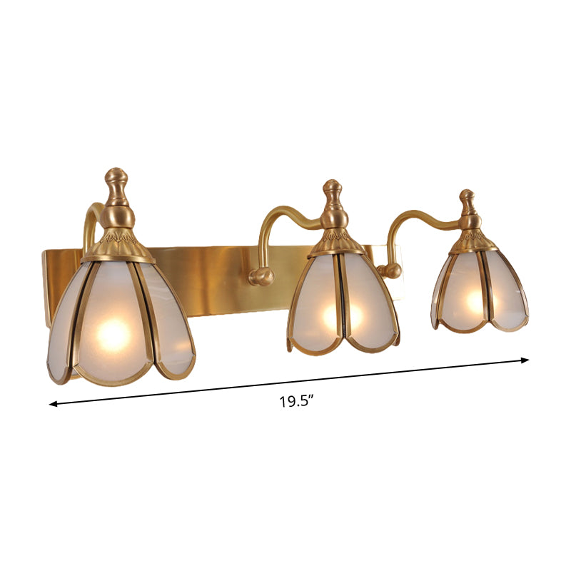 Brass Flower Shape Wall Lighting Rural Frosted White Opal Glass 1/2/3 Lights Bathroom Vanity Sconce Clearhalo 'Vanity Lights' 'Wall Lights' Lighting' 285492