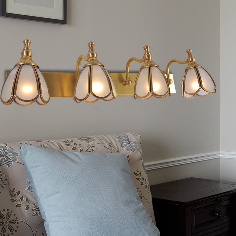 Brass Flower Shape Wall Lighting Rural Frosted White Opal Glass 1/2/3 Lights Bathroom Vanity Sconce 4.0 Brass Clearhalo 'Vanity Lights' 'Wall Lights' Lighting' 285493