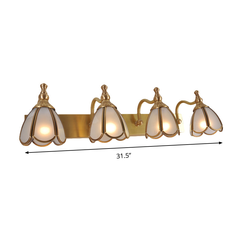 Brass Flower Shape Wall Lighting Rural Frosted White Opal Glass 1/2/3 Lights Bathroom Vanity Sconce Clearhalo 'Vanity Lights' 'Wall Lights' Lighting' 285496