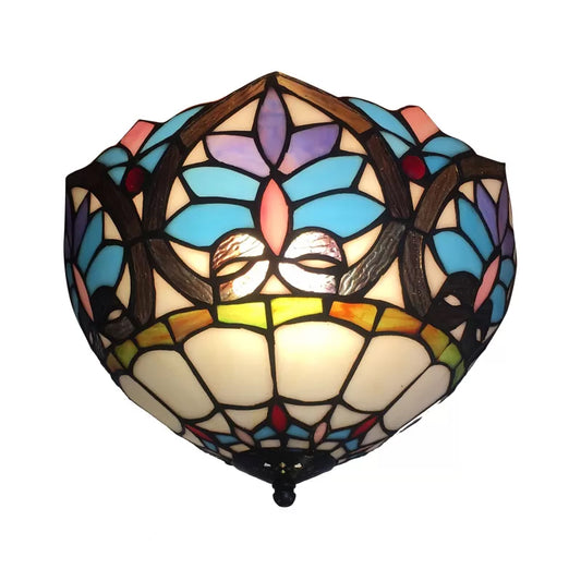 Stained Glass Ceiling Light, 2 Lights Floral Flush Mount Light Fixture in Antique Brass for Living Room Victorian Style Clearhalo 'Ceiling Lights' 'Close To Ceiling Lights' 'Close to ceiling' 'Flush mount' Lighting' 2854