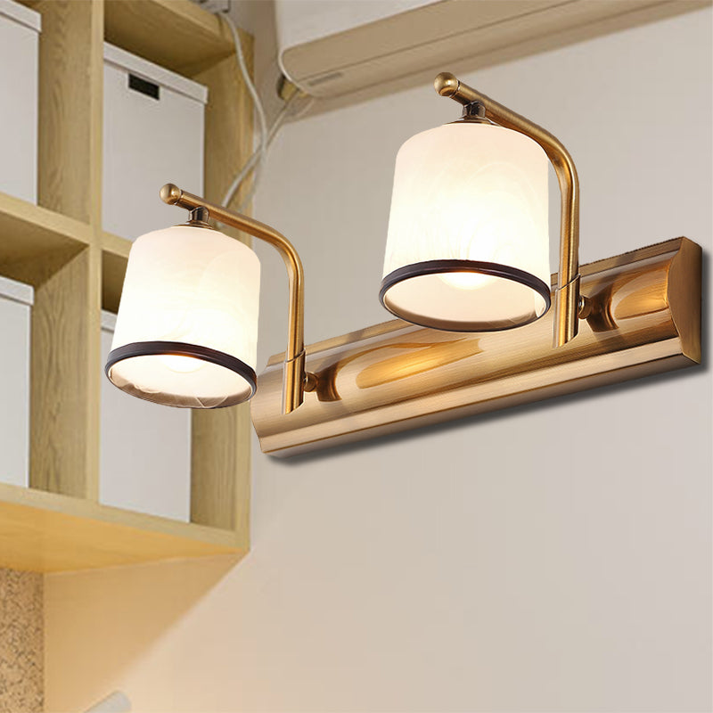 2/3 Bulbs Cylinder Wall Mounted Lighting Vintage Gold Finish Opal Blown Glass Vanity Wall Sconce Clearhalo 'Vanity Lights' 'Wall Lights' Lighting' 285512