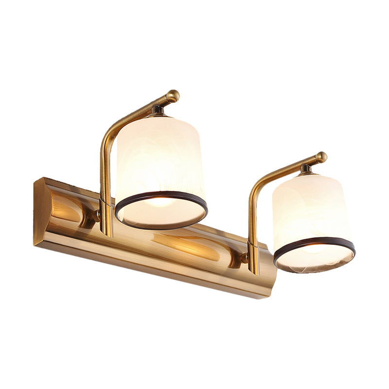 2/3 Bulbs Cylinder Wall Mounted Lighting Vintage Gold Finish Opal Blown Glass Vanity Wall Sconce Clearhalo 'Vanity Lights' 'Wall Lights' Lighting' 285514