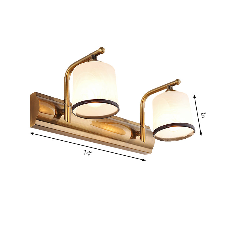 2/3 Bulbs Cylinder Wall Mounted Lighting Vintage Gold Finish Opal Blown Glass Vanity Wall Sconce Clearhalo 'Vanity Lights' 'Wall Lights' Lighting' 285515