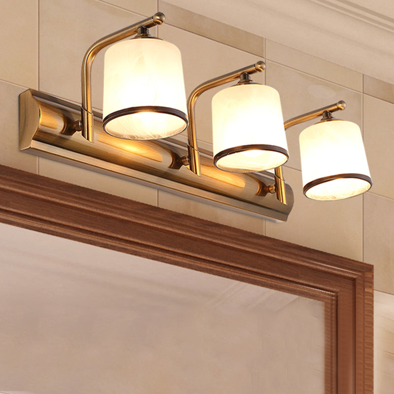 2/3 Bulbs Cylinder Wall Mounted Lighting Vintage Gold Finish Opal Blown Glass Vanity Wall Sconce 3.0 Gold Clearhalo 'Vanity Lights' 'Wall Lights' Lighting' 285516