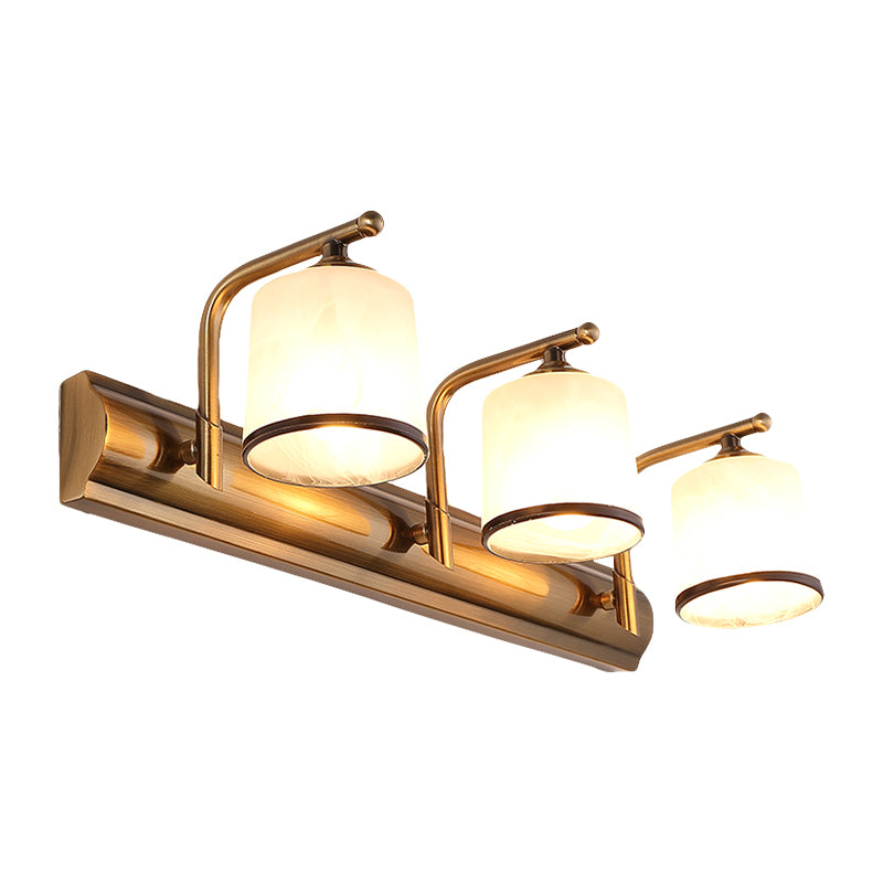 2/3 Bulbs Cylinder Wall Mounted Lighting Vintage Gold Finish Opal Blown Glass Vanity Wall Sconce Clearhalo 'Vanity Lights' 'Wall Lights' Lighting' 285518