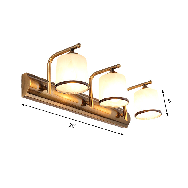 2/3 Bulbs Cylinder Wall Mounted Lighting Vintage Gold Finish Opal Blown Glass Vanity Wall Sconce Clearhalo 'Vanity Lights' 'Wall Lights' Lighting' 285519