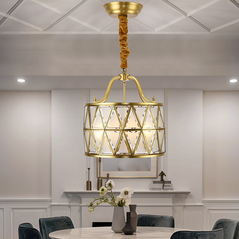 Drum Frosted Glass Chandelier Pendant Lamp Traditional 4/6 Lights 16"/19" Wide Dining Room Hanging Ceiling Light in Gold Clearhalo 'Ceiling Lights' 'Chandeliers' 'Glass shade' 'Glass' Lighting' 285523