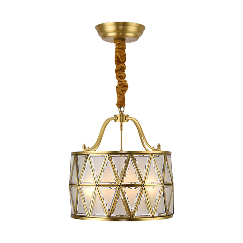 Drum Frosted Glass Chandelier Pendant Lamp Traditional 4/6 Lights 16"/19" Wide Dining Room Hanging Ceiling Light in Gold Clearhalo 'Ceiling Lights' 'Chandeliers' 'Glass shade' 'Glass' Lighting' 285524