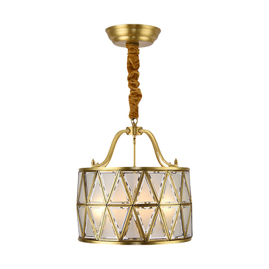 Drum Frosted Glass Chandelier Pendant Lamp Traditional 4/6 Lights 16"/19" Wide Dining Room Hanging Ceiling Light in Gold Clearhalo 'Ceiling Lights' 'Chandeliers' 'Glass shade' 'Glass' Lighting' 285524