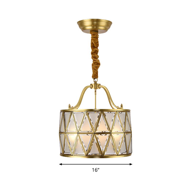 Drum Frosted Glass Chandelier Pendant Lamp Traditional 4/6 Lights 16"/19" Wide Dining Room Hanging Ceiling Light in Gold Clearhalo 'Ceiling Lights' 'Chandeliers' 'Glass shade' 'Glass' Lighting' 285525