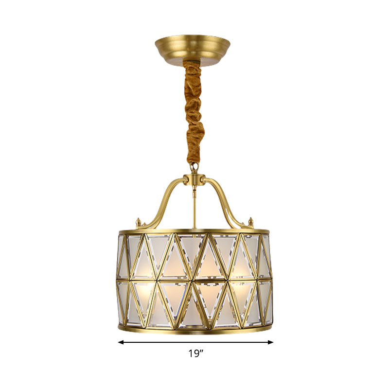 Drum Frosted Glass Chandelier Pendant Lamp Traditional 4/6 Lights 16"/19" Wide Dining Room Hanging Ceiling Light in Gold Clearhalo 'Ceiling Lights' 'Chandeliers' 'Glass shade' 'Glass' Lighting' 285526