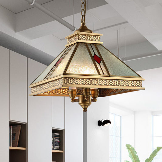Pyramid Shaped Bedroom Ceiling Chandelier Retro Frosted Glass 3 Lights Gold Hanging Light Kit Gold Clearhalo 'Ceiling Lights' 'Chandeliers' 'Glass shade' 'Glass' 'Pendant Lights' Lighting' 285533