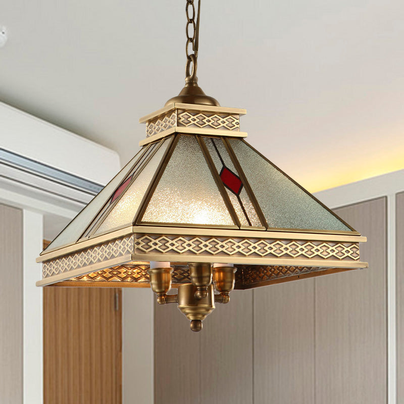 Pyramid Shaped Bedroom Ceiling Chandelier Retro Frosted Glass 3 Lights Gold Hanging Light Kit Clearhalo 'Ceiling Lights' 'Chandeliers' 'Glass shade' 'Glass' 'Pendant Lights' Lighting' 285534