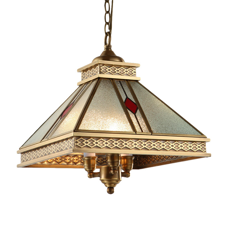 Pyramid Shaped Bedroom Ceiling Chandelier Retro Frosted Glass 3 Lights Gold Hanging Light Kit Clearhalo 'Ceiling Lights' 'Chandeliers' 'Glass shade' 'Glass' 'Pendant Lights' Lighting' 285536