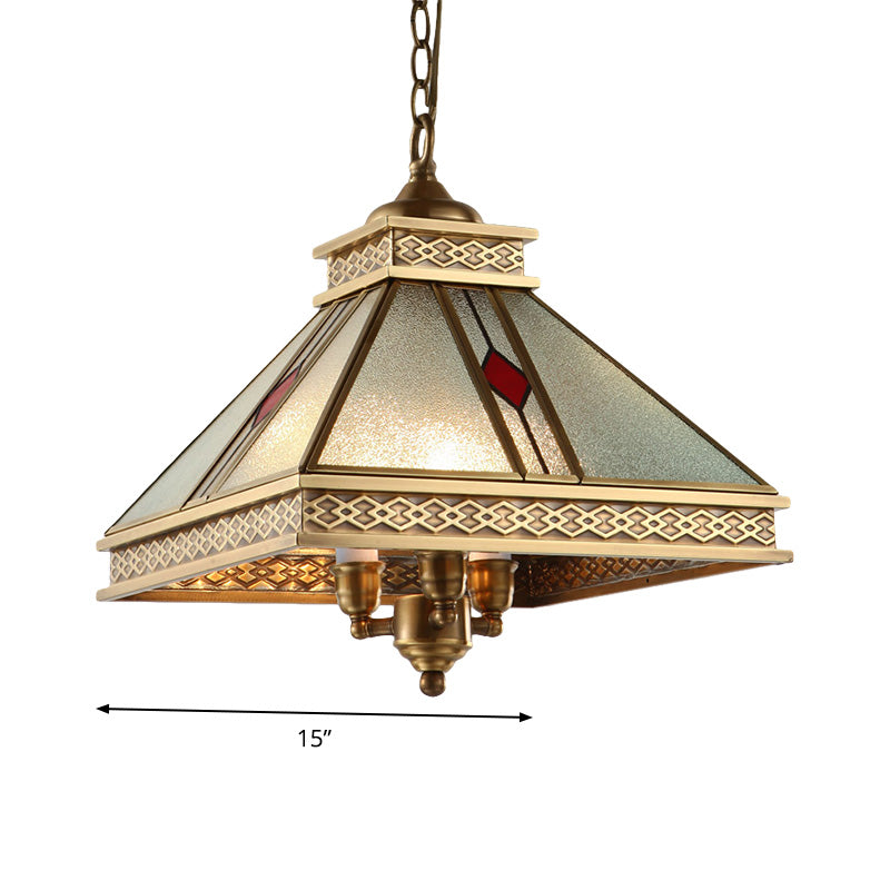 Pyramid Shaped Bedroom Ceiling Chandelier Retro Frosted Glass 3 Lights Gold Hanging Light Kit Clearhalo 'Ceiling Lights' 'Chandeliers' 'Glass shade' 'Glass' 'Pendant Lights' Lighting' 285537