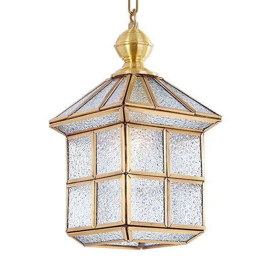 Gold Lantern Hanging Lamp Traditional Clear Frosted Glass 6.5"/8" Wide 1 Light Living Room Ceiling Suspension Light Clearhalo 'Ceiling Lights' 'Glass shade' 'Glass' 'Pendant Lights' 'Pendants' Lighting' 285615
