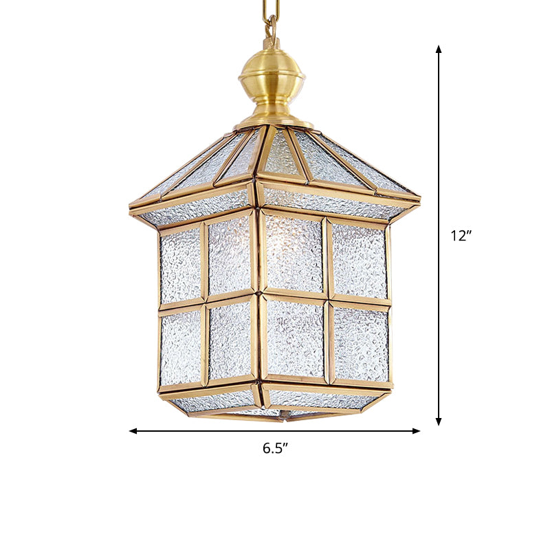 Gold Lantern Hanging Lamp Traditional Clear Frosted Glass 6.5"/8" Wide 1 Light Living Room Ceiling Suspension Light Clearhalo 'Ceiling Lights' 'Glass shade' 'Glass' 'Pendant Lights' 'Pendants' Lighting' 285616