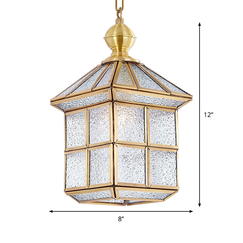 Gold Lantern Hanging Lamp Traditional Clear Frosted Glass 6.5"/8" Wide 1 Light Living Room Ceiling Suspension Light Clearhalo 'Ceiling Lights' 'Glass shade' 'Glass' 'Pendant Lights' 'Pendants' Lighting' 285617