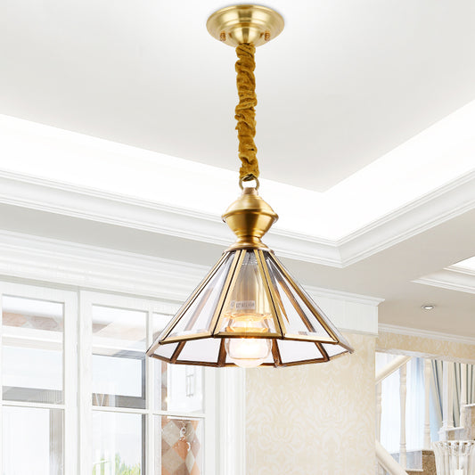 1 Bulb Hanging Ceiling Light Traditional Living Room Suspension Pendant Lamp with Cone Clear Glass Shade Brass Clearhalo 'Ceiling Lights' 'Glass shade' 'Glass' 'Pendant Lights' 'Pendants' Lighting' 285629