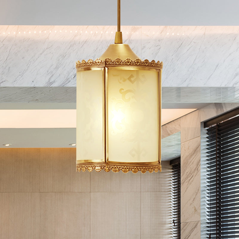 Brass Cylinder Pendant Lighting Vintage Opal Glass 1 Light Dining Room Hanging Ceiling Lamp Clearhalo 'Ceiling Lights' 'Glass shade' 'Glass' 'Pendant Lights' 'Pendants' Lighting' 285666