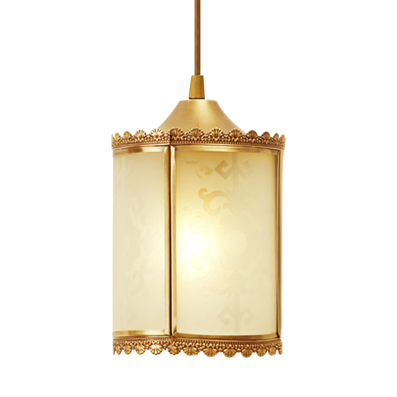 Brass Cylinder Pendant Lighting Vintage Opal Glass 1 Light Dining Room Hanging Ceiling Lamp Clearhalo 'Ceiling Lights' 'Glass shade' 'Glass' 'Pendant Lights' 'Pendants' Lighting' 285668