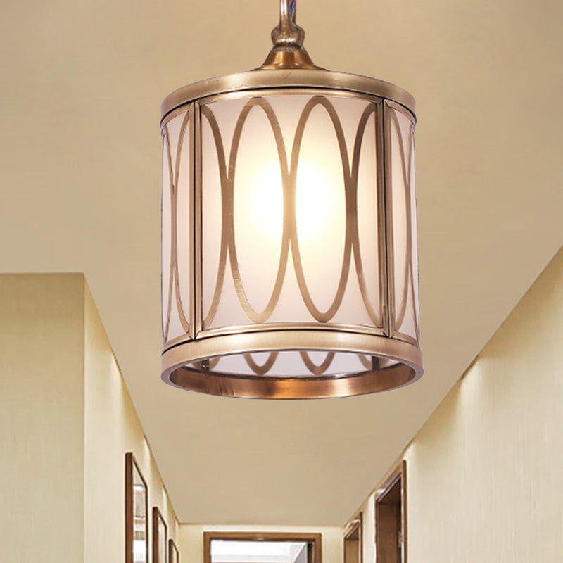 Cylindrical Opal Glass Hanging Light Kit Rural 1 Head Hallway Suspension Pendant Lamp with Circle/Oval Pattern Clearhalo 'Ceiling Lights' 'Chandeliers' 'Glass shade' 'Glass' 'Pendant Lights' 'Pendants' Lighting' 285671