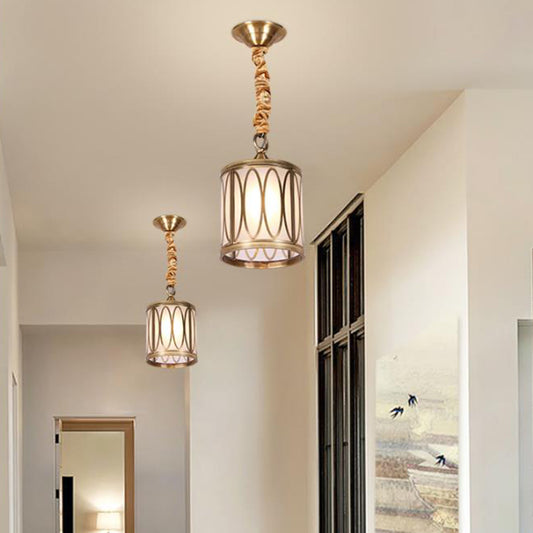 Cylindrical Opal Glass Hanging Light Kit Rural 1 Head Hallway Suspension Pendant Lamp with Circle/Oval Pattern Clearhalo 'Ceiling Lights' 'Chandeliers' 'Glass shade' 'Glass' 'Pendant Lights' 'Pendants' Lighting' 285672