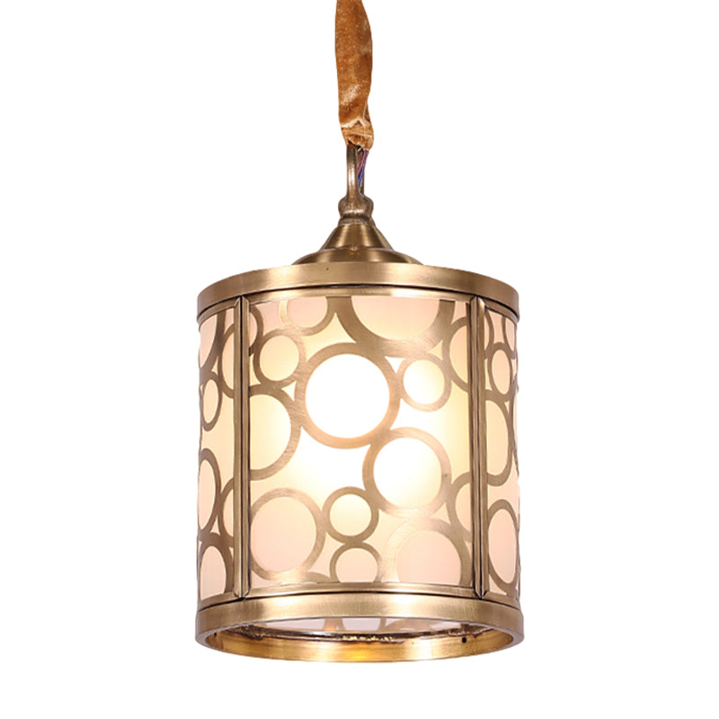 Cylindrical Opal Glass Hanging Light Kit Rural 1 Head Hallway Suspension Pendant Lamp with Circle/Oval Pattern Clearhalo 'Ceiling Lights' 'Chandeliers' 'Glass shade' 'Glass' 'Pendant Lights' 'Pendants' Lighting' 285677