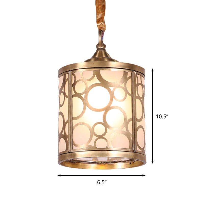 Cylindrical Opal Glass Hanging Light Kit Rural 1 Head Hallway Suspension Pendant Lamp with Circle/Oval Pattern Clearhalo 'Ceiling Lights' 'Chandeliers' 'Glass shade' 'Glass' 'Pendant Lights' 'Pendants' Lighting' 285678