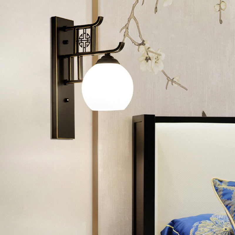 Spherical Bedside Sconce Light Fixture Classic Opal Glass 1 Light Black Wall Mounted Lamp Black Clearhalo 'Wall Lamps & Sconces' 'Wall Lights' Lighting' 285769