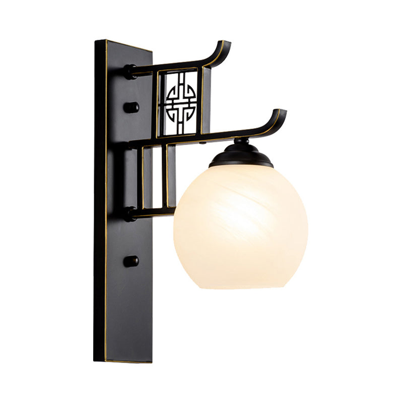 Spherical Bedside Sconce Light Fixture Classic Opal Glass 1 Light Black Wall Mounted Lamp Clearhalo 'Wall Lamps & Sconces' 'Wall Lights' Lighting' 285772