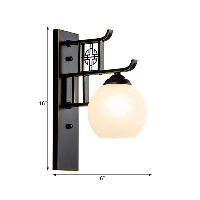 Spherical Bedside Sconce Light Fixture Classic Opal Glass 1 Light Black Wall Mounted Lamp Clearhalo 'Wall Lamps & Sconces' 'Wall Lights' Lighting' 285773