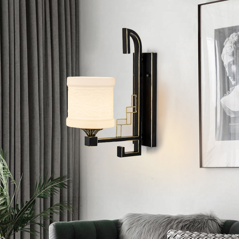 Black 1 Light Wall Mounted Light Traditional Metal Cylinder Sconce for Corridor with Fabric Shade Black Clearhalo 'Wall Lamps & Sconces' 'Wall Lights' Lighting' 285775