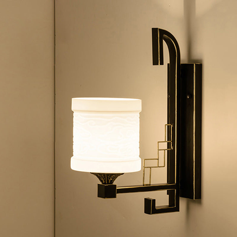 Black 1 Light Wall Mounted Light Traditional Metal Cylinder Sconce for Corridor with Fabric Shade Clearhalo 'Wall Lamps & Sconces' 'Wall Lights' Lighting' 285776