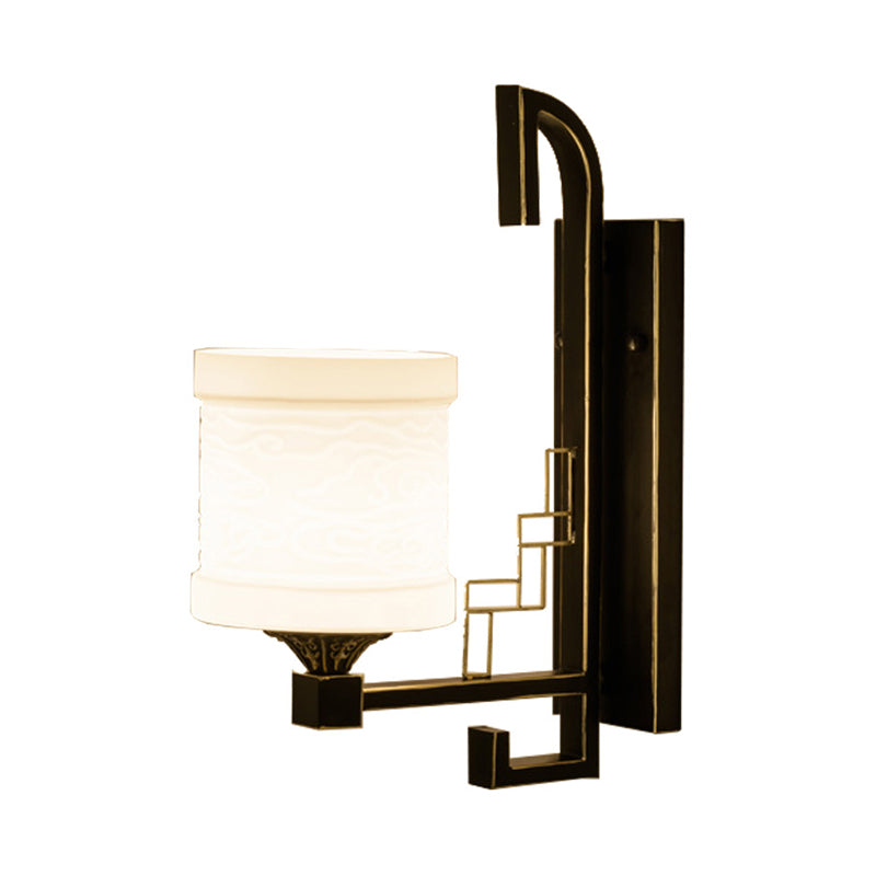 Black 1 Light Wall Mounted Light Traditional Metal Cylinder Sconce for Corridor with Fabric Shade Clearhalo 'Wall Lamps & Sconces' 'Wall Lights' Lighting' 285778