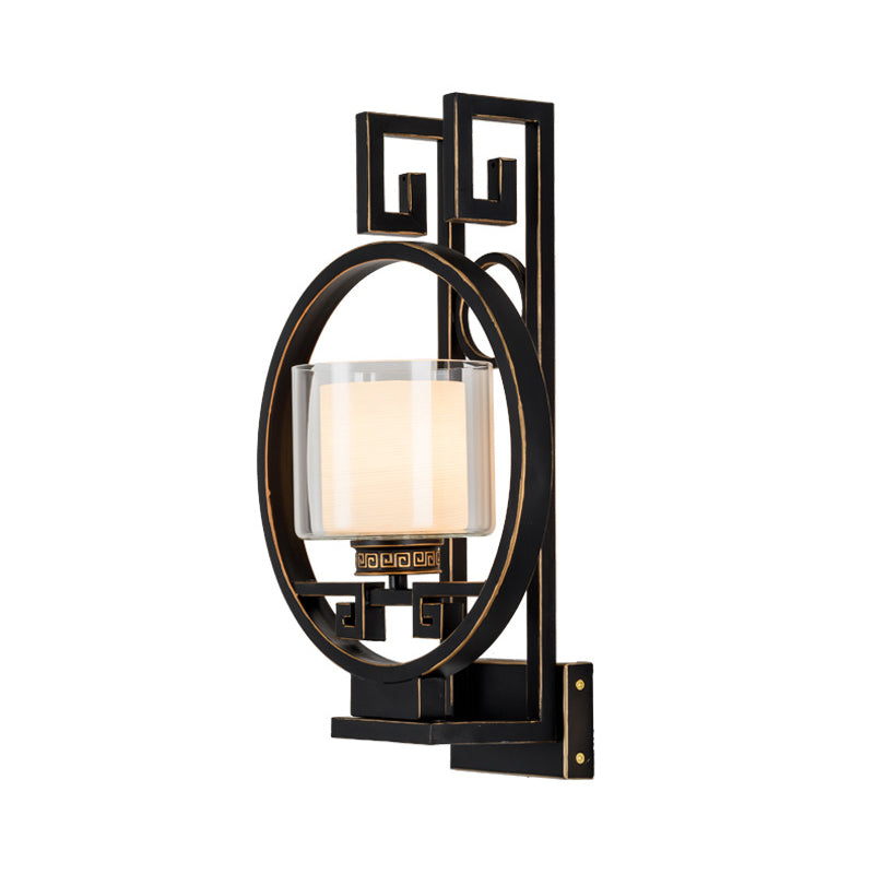 Black Cylinder Wall Lighting Fixture Classic Clear Glass 1 Light Corridor Sconce Light with Metal Circle Clearhalo 'Wall Lamps & Sconces' 'Wall Lights' Lighting' 285784