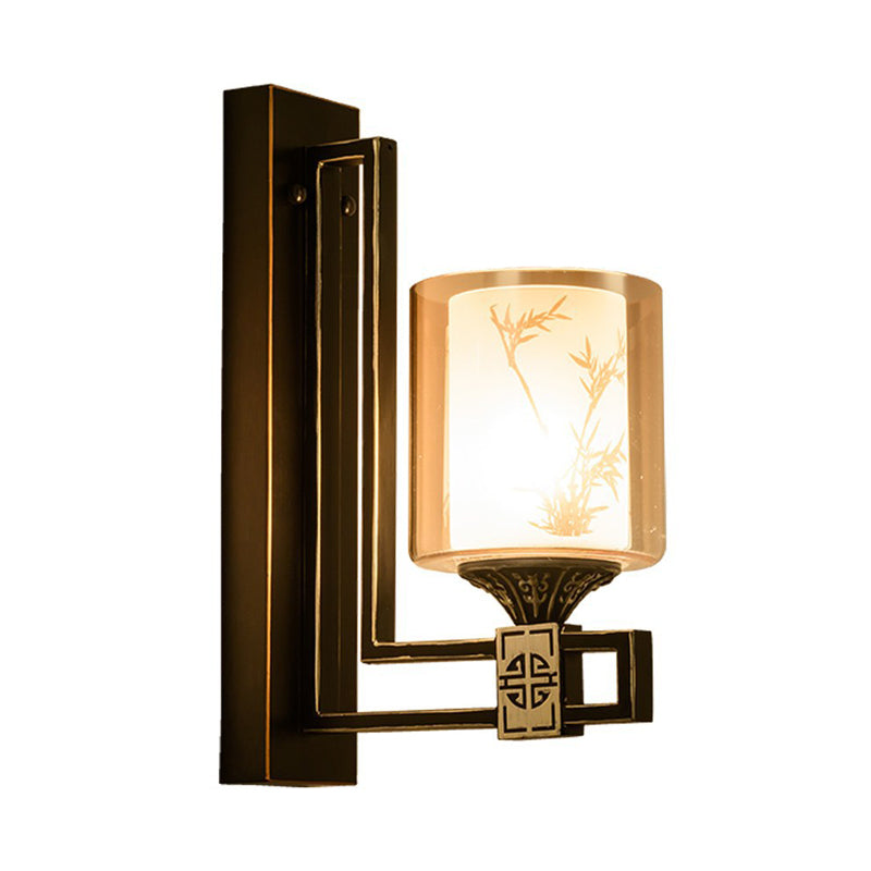 Black Cylinder Wall Light Traditional Style Amber Glass 1 Light Living Room Sconce with Metal Backplate Clearhalo 'Wall Lamps & Sconces' 'Wall Lights' Lighting' 285790