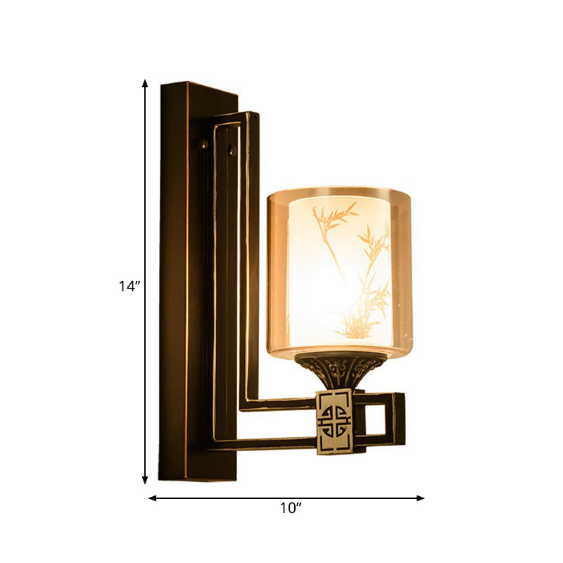 Black Cylinder Wall Light Traditional Style Amber Glass 1 Light Living Room Sconce with Metal Backplate Clearhalo 'Wall Lamps & Sconces' 'Wall Lights' Lighting' 285791