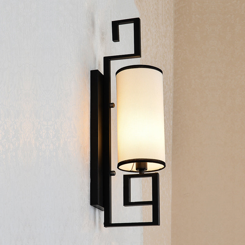 1 Light Sconce Light Fixture Classic Cylinder Metal Wall Mount Lighting in Black/Gold with Fabric Shade Clearhalo 'Wall Lamps & Sconces' 'Wall Lights' Lighting' 285794