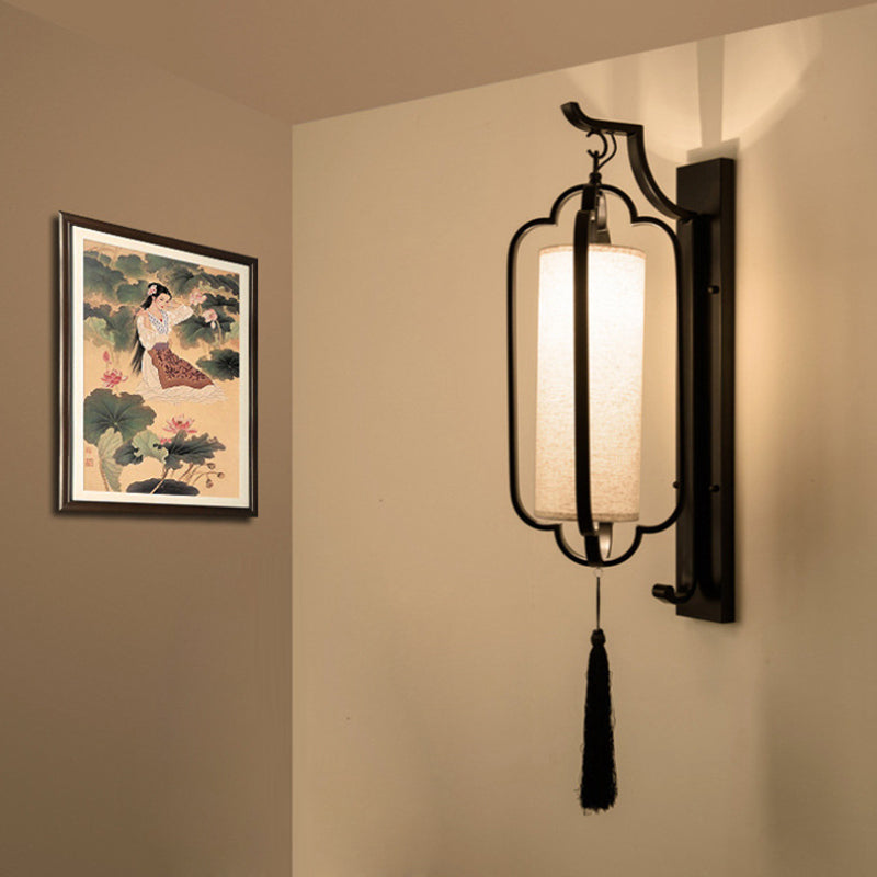 14.5"/16" Wide 1 Light Cylinder Wall Lighting Idea Classic Black Fabric Sconce Light Fixture for Corridor Clearhalo 'Wall Lamps & Sconces' 'Wall Lights' Lighting' 285816