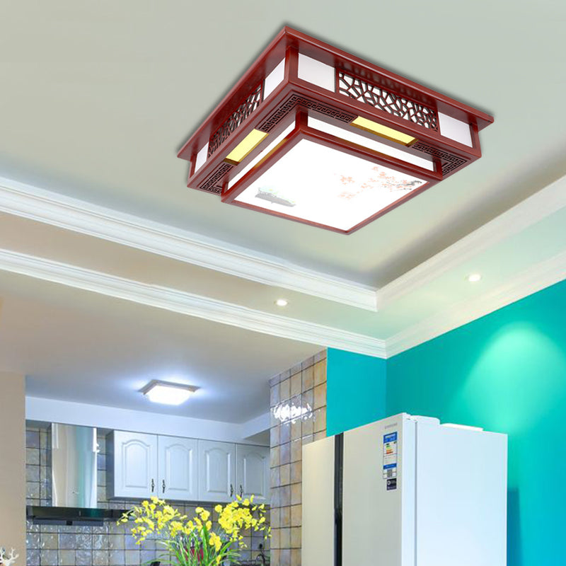 LED Square Flush Light Fixture Traditional Style Dark Red Wood Flush Mount Ceiling Light Crimson Clearhalo 'Ceiling Lights' 'Close To Ceiling Lights' 'Close to ceiling' 'Flush mount' Lighting' 285924