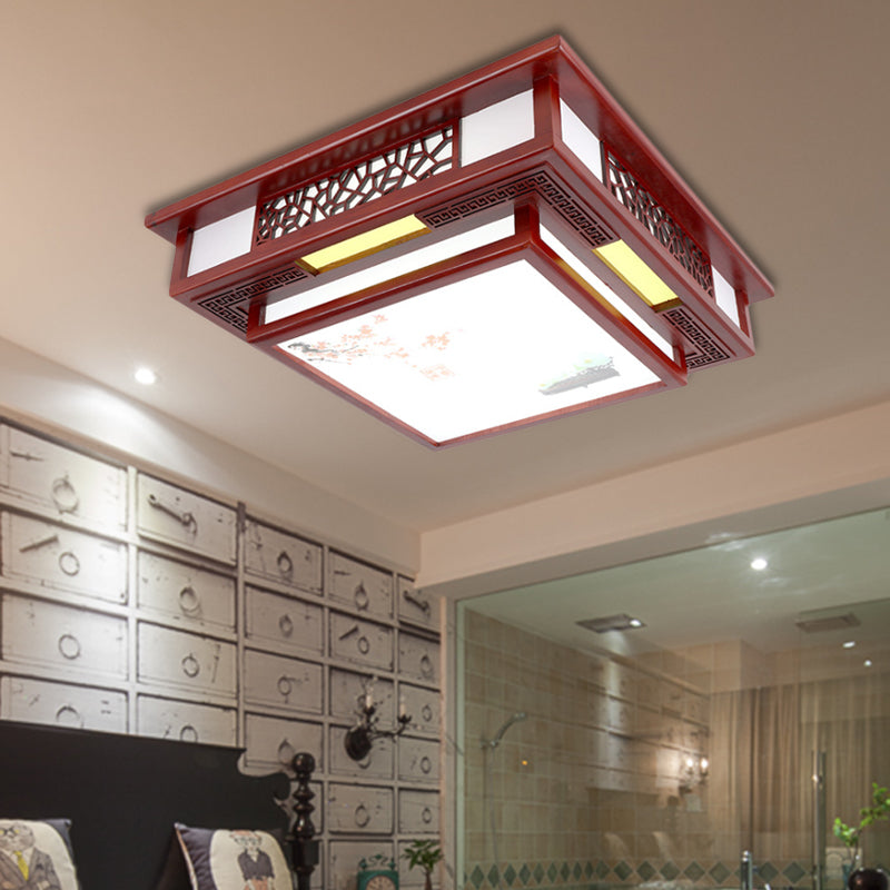 LED Square Flush Light Fixture Traditional Style Dark Red Wood Flush Mount Ceiling Light Clearhalo 'Ceiling Lights' 'Close To Ceiling Lights' 'Close to ceiling' 'Flush mount' Lighting' 285925