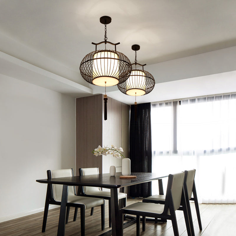 Cylinder Dining Room Pendant Light Traditional Fabric 12"/16"/19.5" Wide 1 Light Black/Gold Hanging Lamp Kit with Cage Clearhalo 'Ceiling Lights' 'Pendant Lights' 'Pendants' Lighting' 286038