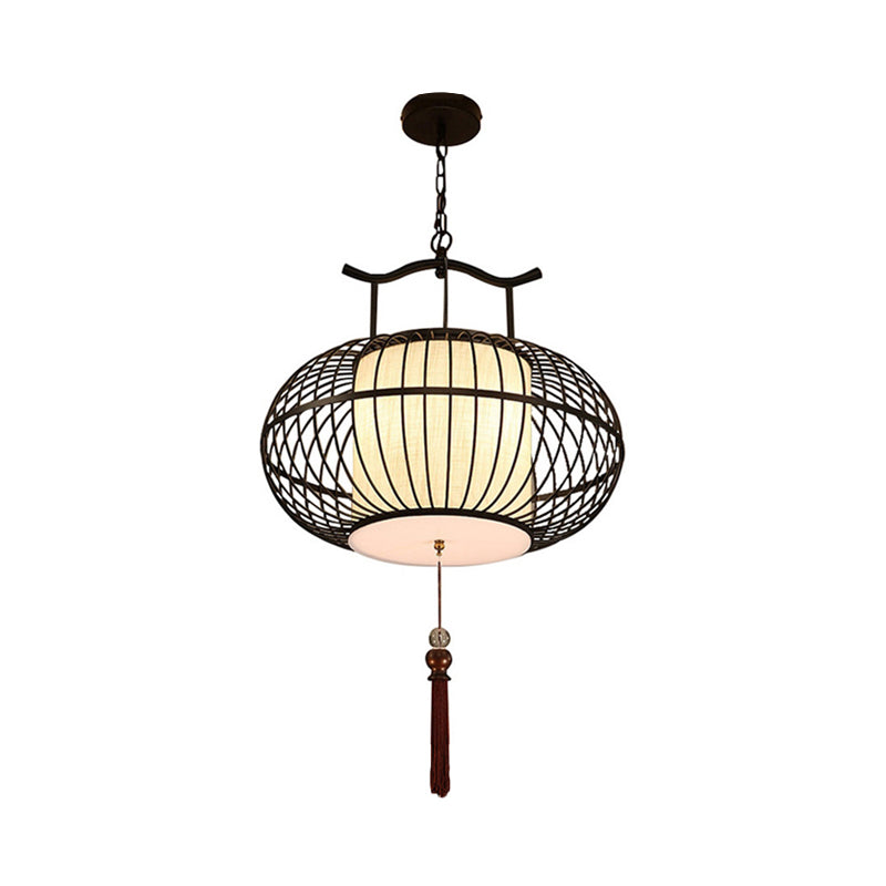 Cylinder Dining Room Pendant Light Traditional Fabric 12"/16"/19.5" Wide 1 Light Black/Gold Hanging Lamp Kit with Cage Clearhalo 'Ceiling Lights' 'Pendant Lights' 'Pendants' Lighting' 286039