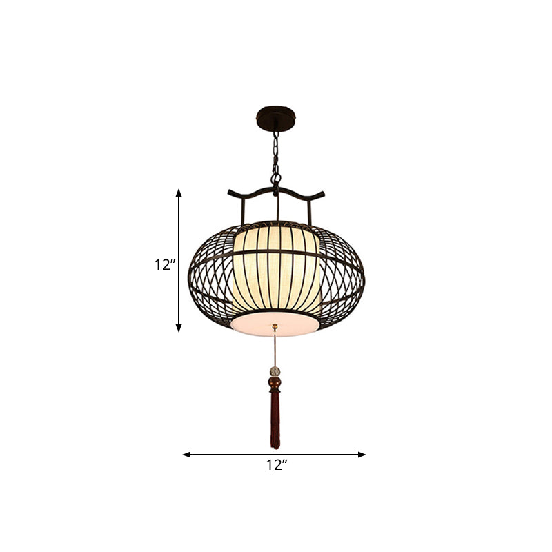 Cylinder Dining Room Pendant Light Traditional Fabric 12"/16"/19.5" Wide 1 Light Black/Gold Hanging Lamp Kit with Cage Clearhalo 'Ceiling Lights' 'Pendant Lights' 'Pendants' Lighting' 286040