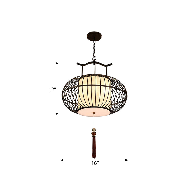 Cylinder Dining Room Pendant Light Traditional Fabric 12"/16"/19.5" Wide 1 Light Black/Gold Hanging Lamp Kit with Cage Clearhalo 'Ceiling Lights' 'Pendant Lights' 'Pendants' Lighting' 286041