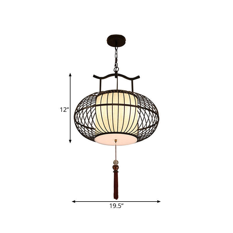 Cylinder Dining Room Pendant Light Traditional Fabric 12"/16"/19.5" Wide 1 Light Black/Gold Hanging Lamp Kit with Cage Clearhalo 'Ceiling Lights' 'Pendant Lights' 'Pendants' Lighting' 286042