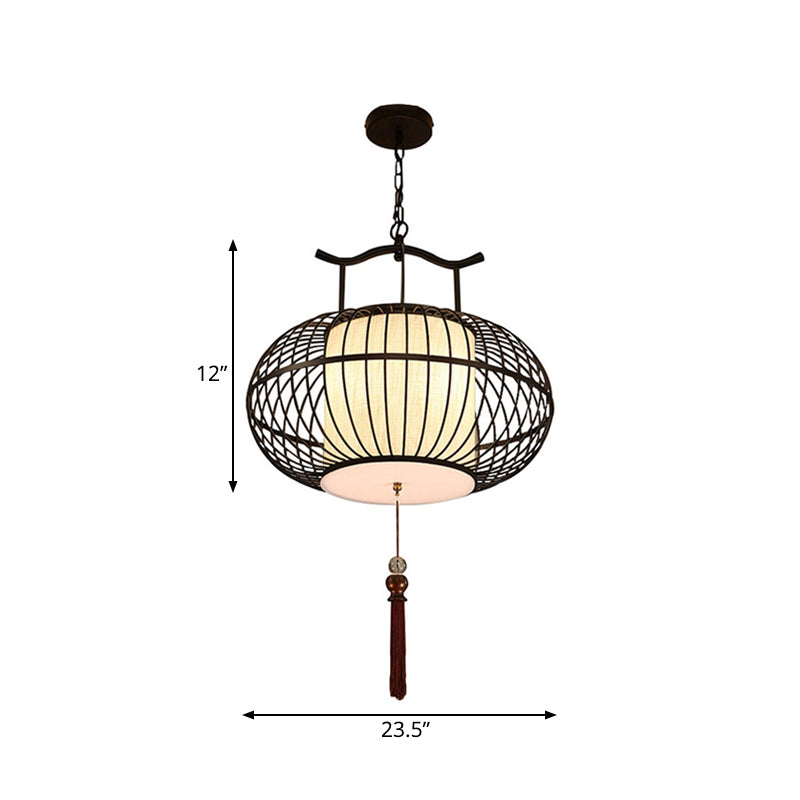 Cylinder Dining Room Pendant Light Traditional Fabric 12"/16"/19.5" Wide 1 Light Black/Gold Hanging Lamp Kit with Cage Clearhalo 'Ceiling Lights' 'Pendant Lights' 'Pendants' Lighting' 286043