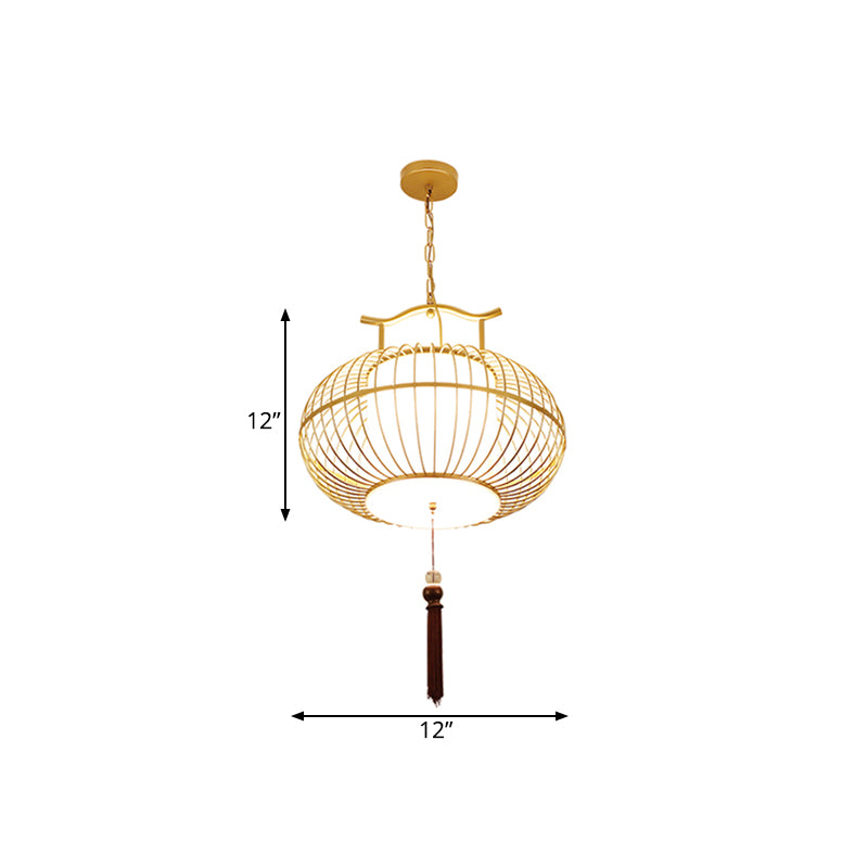 Cylinder Dining Room Pendant Light Traditional Fabric 12"/16"/19.5" Wide 1 Light Black/Gold Hanging Lamp Kit with Cage Clearhalo 'Ceiling Lights' 'Pendant Lights' 'Pendants' Lighting' 286047